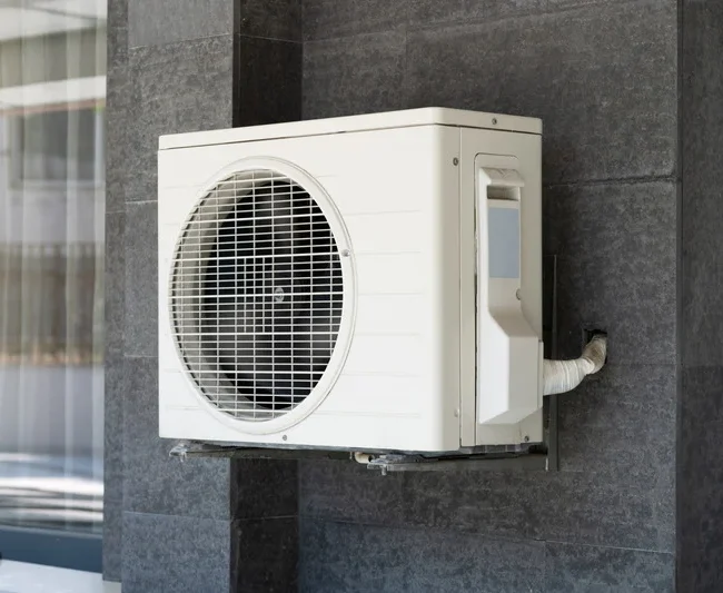 Un climatiseur extérieur installé à côté d'une maison, entouré de plantes.